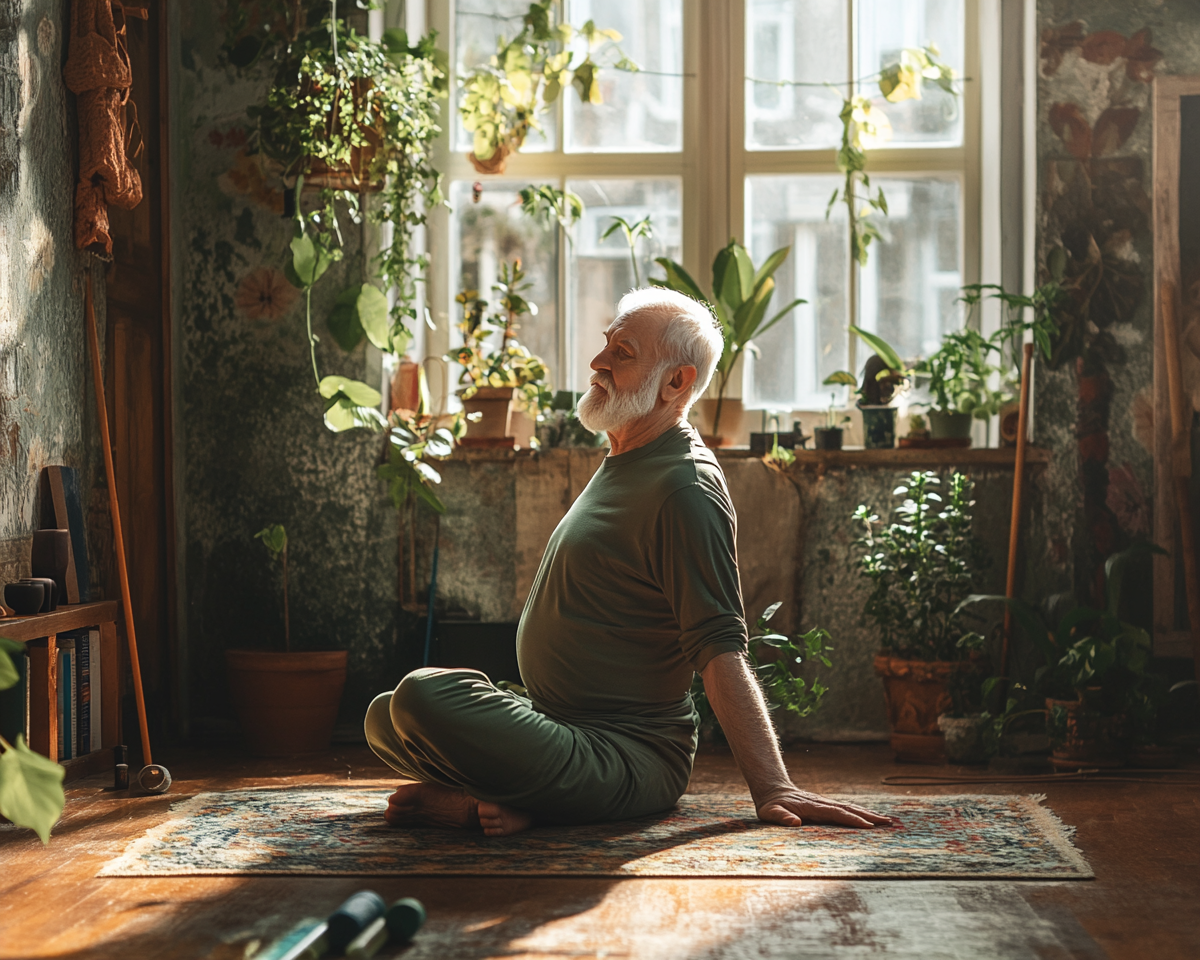 Grup de persoane mature practicând yoga într-un studio luminos